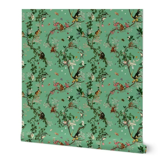 Removable Water-Activated Wallpaper Monkey Chinoiserie Black Jungle Forest Removable Water-Activated Wallpaper Monkey Chinoiserie Black Jungle Forest